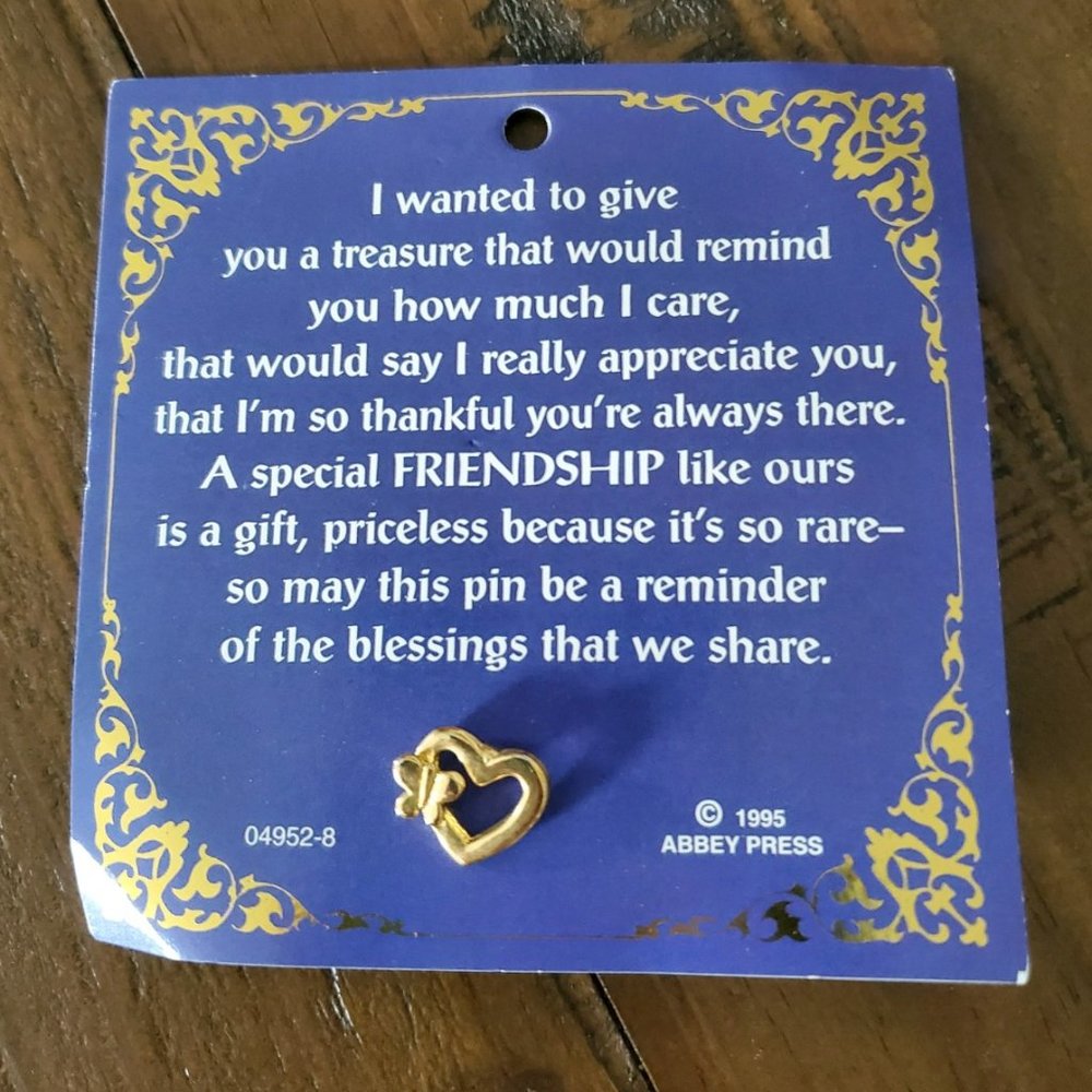 Vintage 1995 Friendship Butterfly Heart Pin on Card